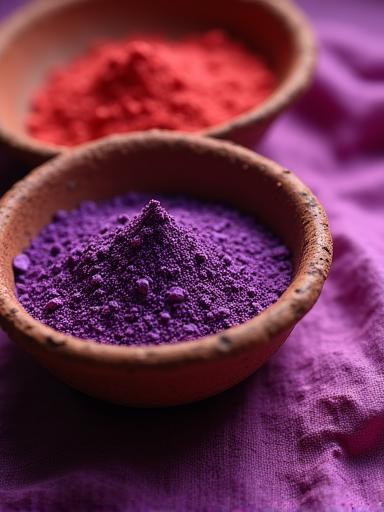 Sfumature di pigmenti naturali rossi e viola utilizzati nelle tintorie romane
